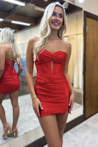 Royal Blue Sweetheart Keyhole Tight Short Homecoming Dresses with Slit VK24082806