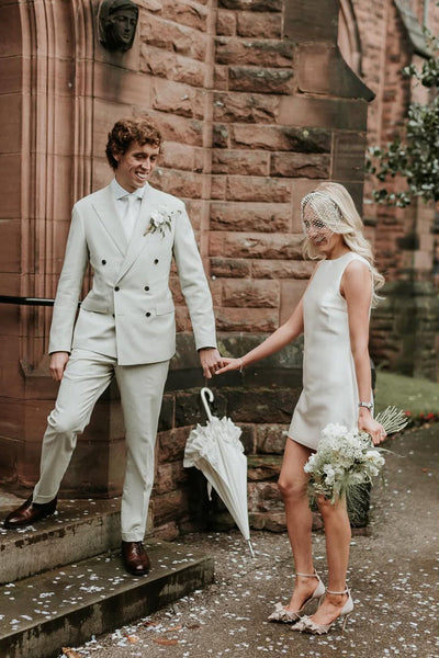 Sheath Round Neck Twill Satin Short Weding Dress VK1322816-2