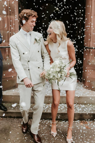 Sheath Round Neck Twill Satin Short Weding Dress VK1322816-3