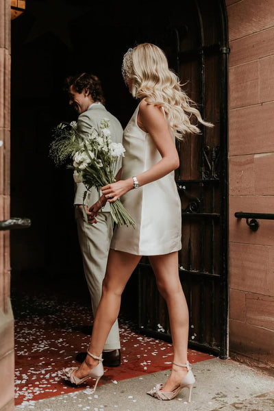 Sheath Round Neck Twill Satin Short Weding Dress VK1322816-4