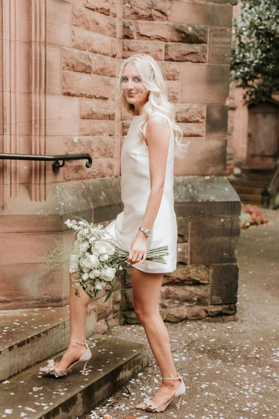 Sheath Round Neck Twill Satin Short Weding Dress VK1322816-5