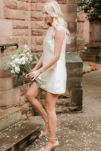 Sheath Round Neck Twill Satin Short Weding Dress VK1322816-6