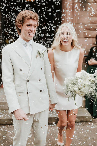 Sheath Round Neck Twill Satin Short Weding Dress VK1322816