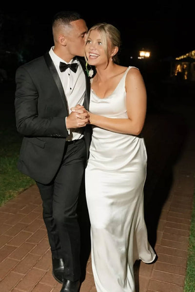 Sheath V Neck Silk Satin Beach Wedding Dress VK1322814-1