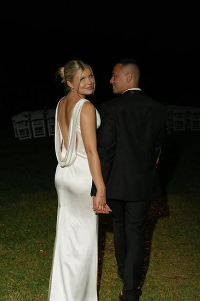 Sheath V Neck Silk Satin Beach Wedding Dress VK1322814-3