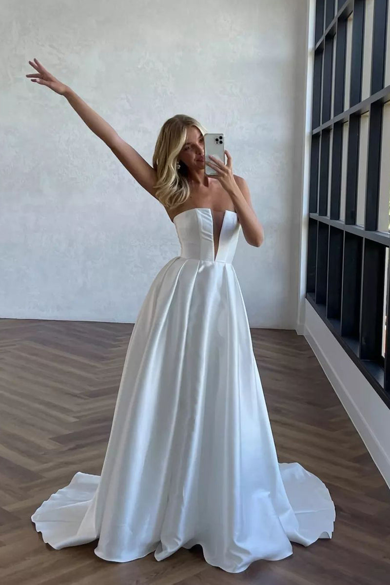 chinese dress ladies Simple Strapless White Satin A-Line Wedding Dresses with Slit VK24090903 –  Vickidress