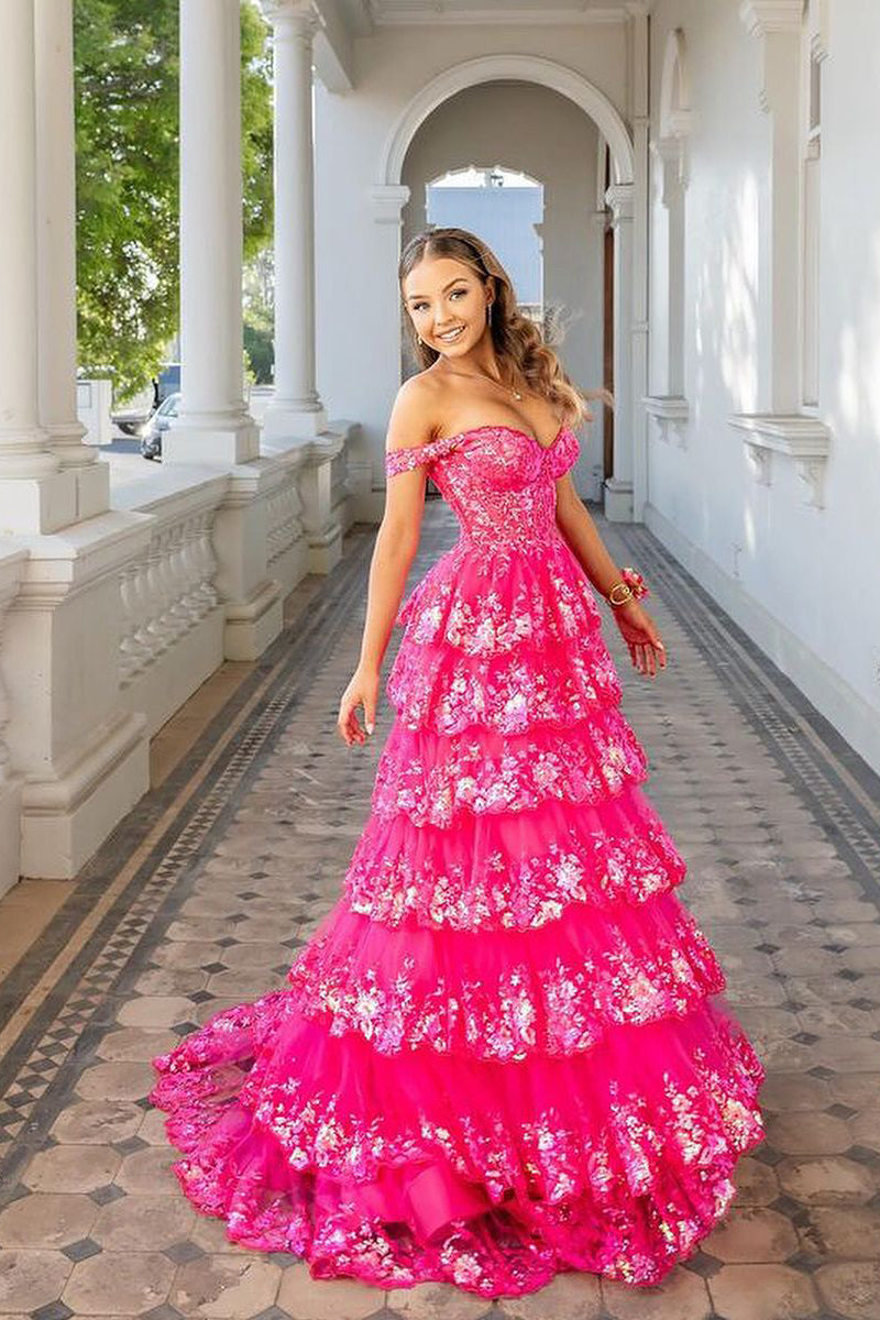 Sparkly Ball Gown Sweetheart Hot Pink Sequins Tiered Tulle Prom