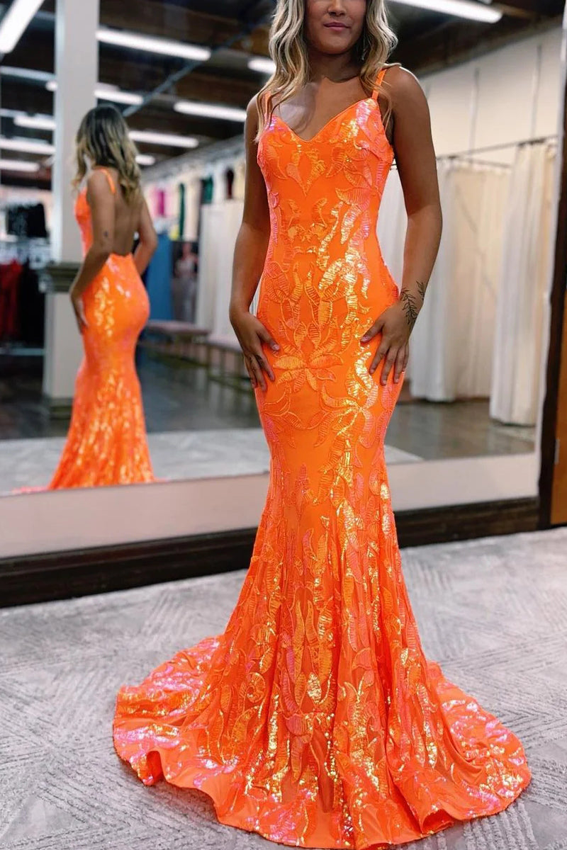 Sparkly Mermaid V Neck Orange Sequins Long Prom Dresses VK23012901 –  Vickidress