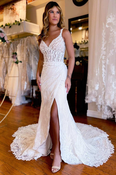 V Neck White Lace Mermaid Long Wedding Dress with Slit VK23062601-1