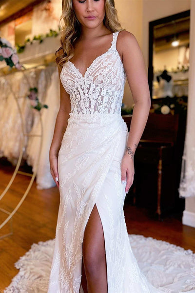V Neck White Lace Mermaid Long Wedding Dress with Slit VK23062601-3