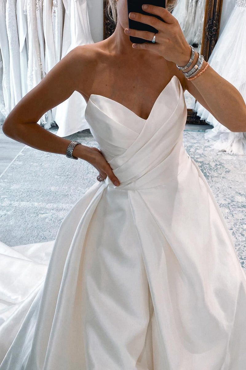 Ball Gown Sweetheart White Satin Long Wedding Dress with Slit – Vickidress