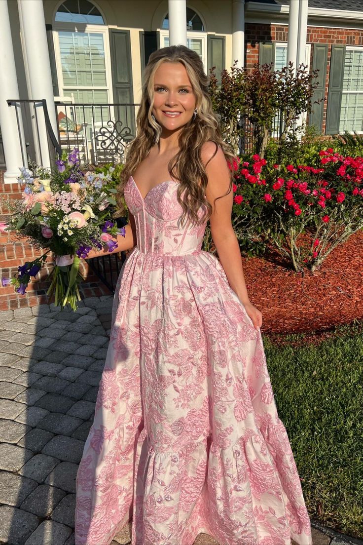 pink jacquard dress Cute A Line Sweetheart Blush Pink Jacquard Satin Long Prom Dress VK020 –  Vickidress