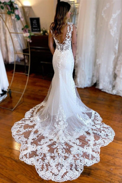 Elegant Mermaid V Neck Lace Long Wedding Dresses with Appliques VK24100907