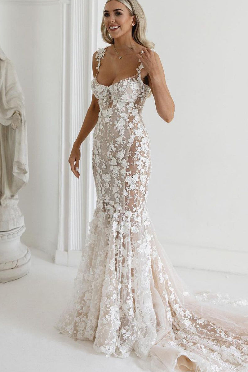 Charming Mermaid Sweetheart See Through Ivory Lace Wedding Dresses  VK23081008 – Vickidress