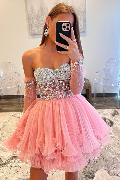 Stunning A-Line Sweetheart Pink Beaded Homecoming Dresses with Sleeves VK23081912