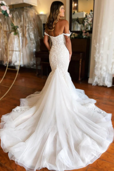 Mermaid White Lace Sweep Train Long Wedding Dress VK23101705