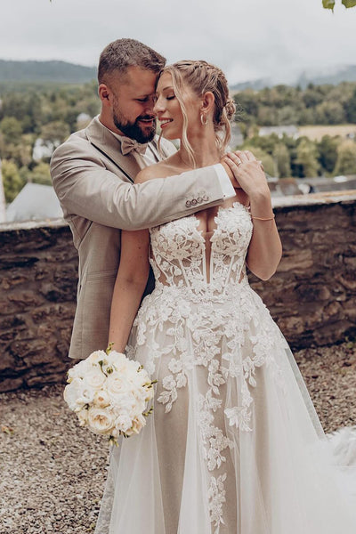 Fashion Bohemian A Line Sweetheart Tulle Long Wedding Dresses with Appliques VK24101711