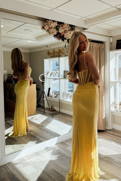 Mermaid Sweetheart Yellow Sequins Long Prom Dresses with Slit VK25031609