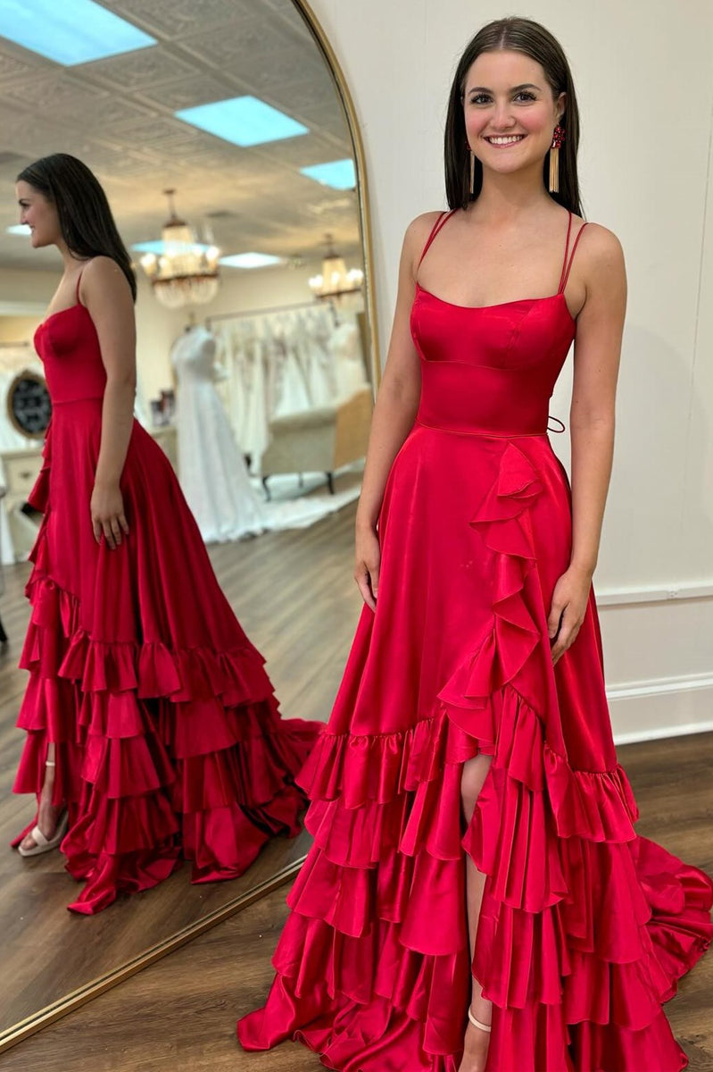 A-Line Straps Square Neck Layered Satin Sleeveless Formal Prom Dress, Ruffles Slit
