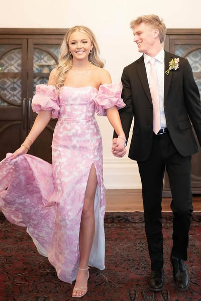 Mermaid Strapless Pink Floral Printed Long Prom Dresses with Sleeves VK25031610