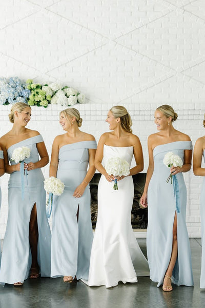 Elegant Sheath One Shoulder Sky Blue Long Bridesmaid Dresses VK24100407