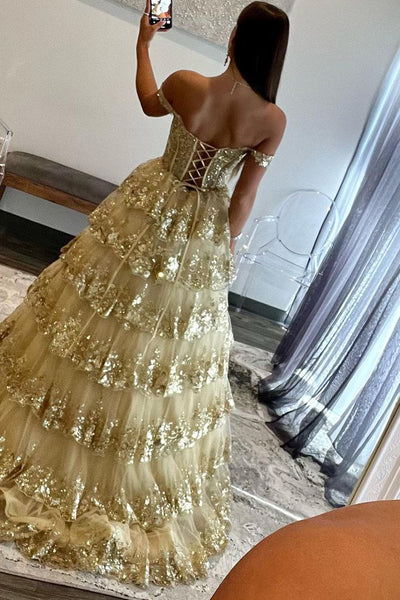 Ball Gown Off the Shoulder Gold Sequin Lace Prom Dress VK23102306