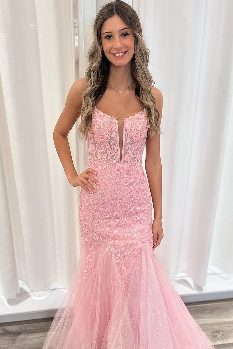 Pink Scoop Neck Sequins Lace Mermaid Prom Dresses VK24032504 – Vickidress