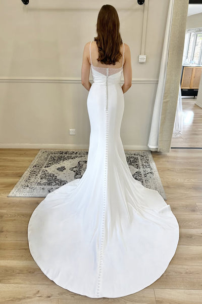 Charming Mermaid Scoop Neck Elastic Satin Long Wedding Dress with Beading VK25060902
