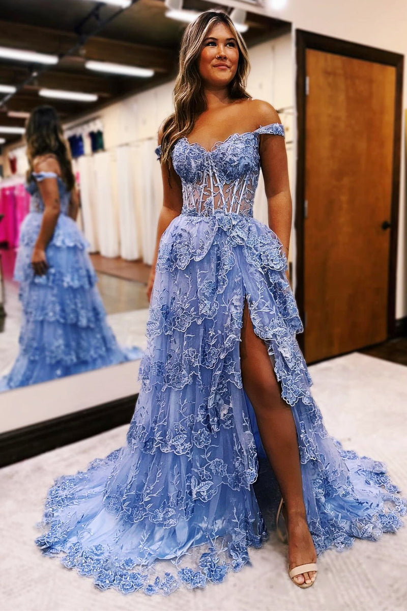 Periwinkle Tulle Appliques Off-the-Shoulder Ruffle Long Prom Dress VK23122110 – Vickidress