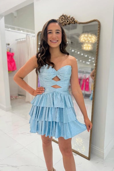 Cute A Line Keyhole Light Blue Satin Homecoming Dress with Beading VK061408
