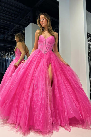 Pink Strapless Organza A-Line Long Prom Dresses with Beading VK24041002