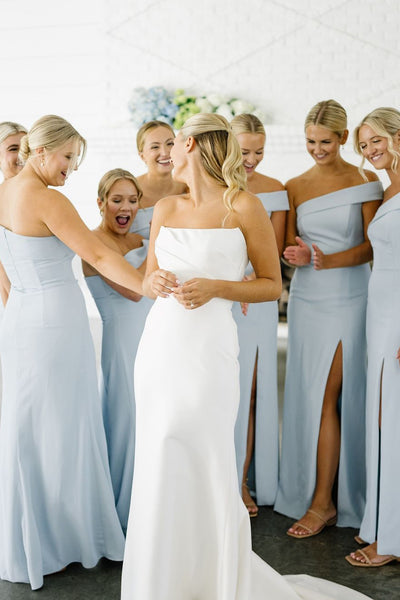 Elegant Sheath One Shoulder Sky Blue Long Bridesmaid Dresses VK24100407