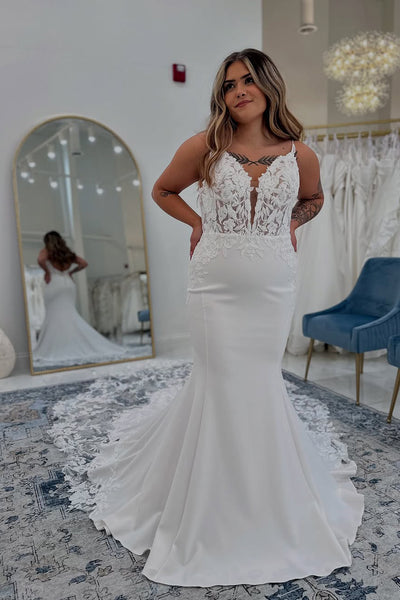 Mermaid V Neck White Satin Lace Wedding Dresses with Train VK021309