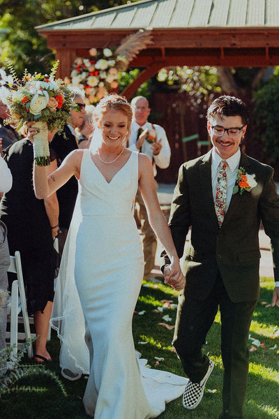 Elegant Mermaid V Neck Satin Long Wedding Dresses VK24101710