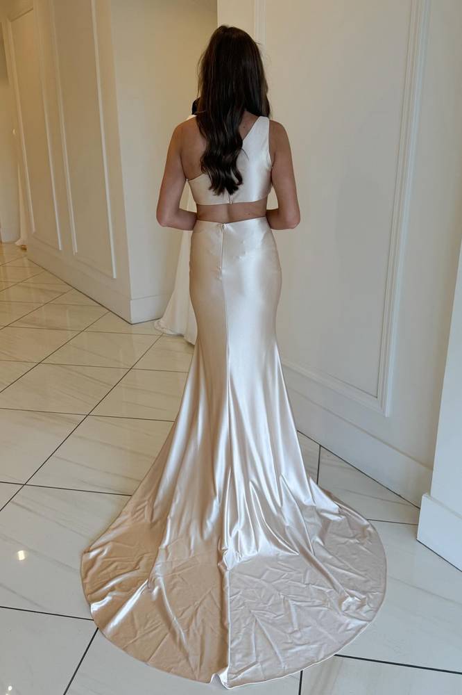 Champagne Mermaid One Shoulder High Slit Long Bridesmaid Dresses Gown Online,WG957 main image 1