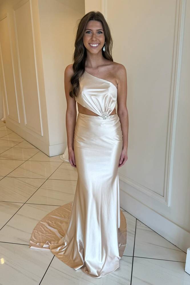 champagne one shoulder bridesmaid dresses Elegant One-Shoulder Mermaid Silk Satin E – Vickidress from a wedding guest Color:Royal Blue Sky Blue Calvin Klein Blue & all in white collection