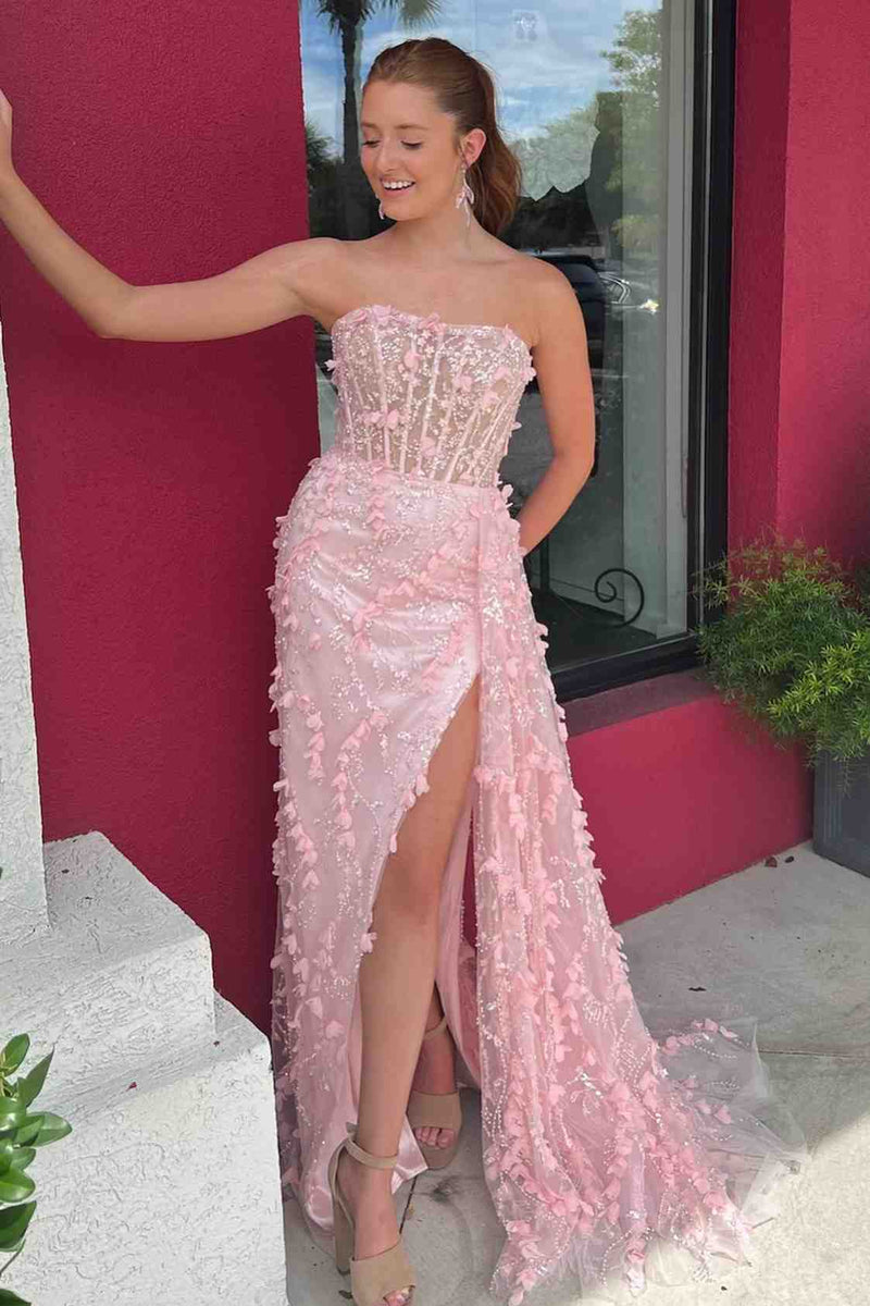 Pink Strapless Pleats Sequins V-Neck Long Sweep Prom Dress, Slit