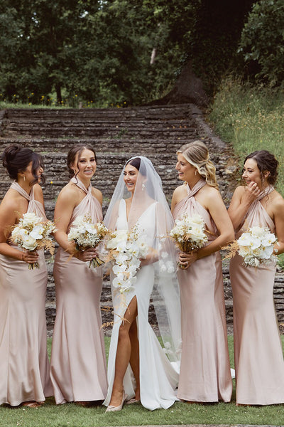 Sheath Mermaid Halter Blush Pink Satin Bridesmaid Dresses VK25060707