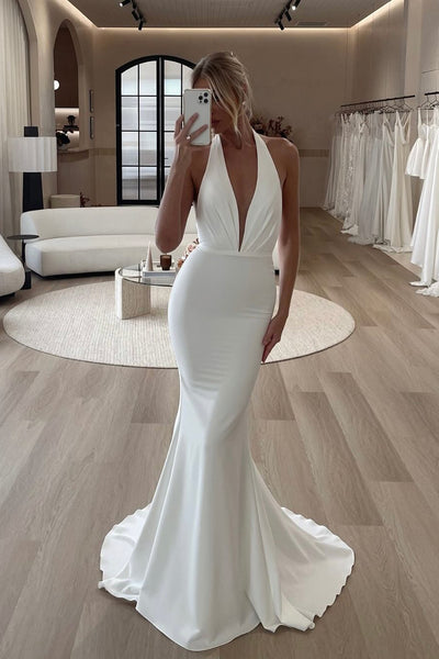 Elegant Mermaid V Neck Elastic Satin Long Wedding Dresses VK25050806