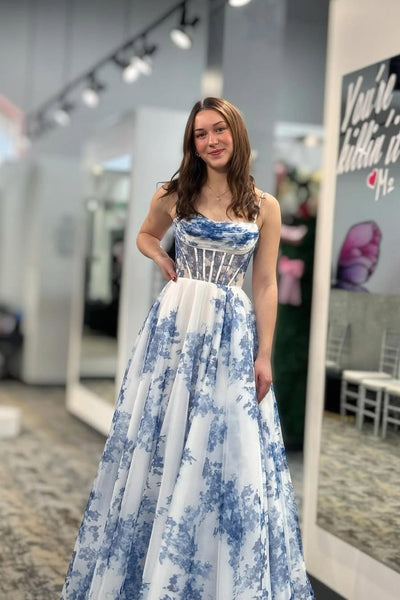 A-Line Scoop Neck Blue Floral Printed Long Prom Dresses VK25031806