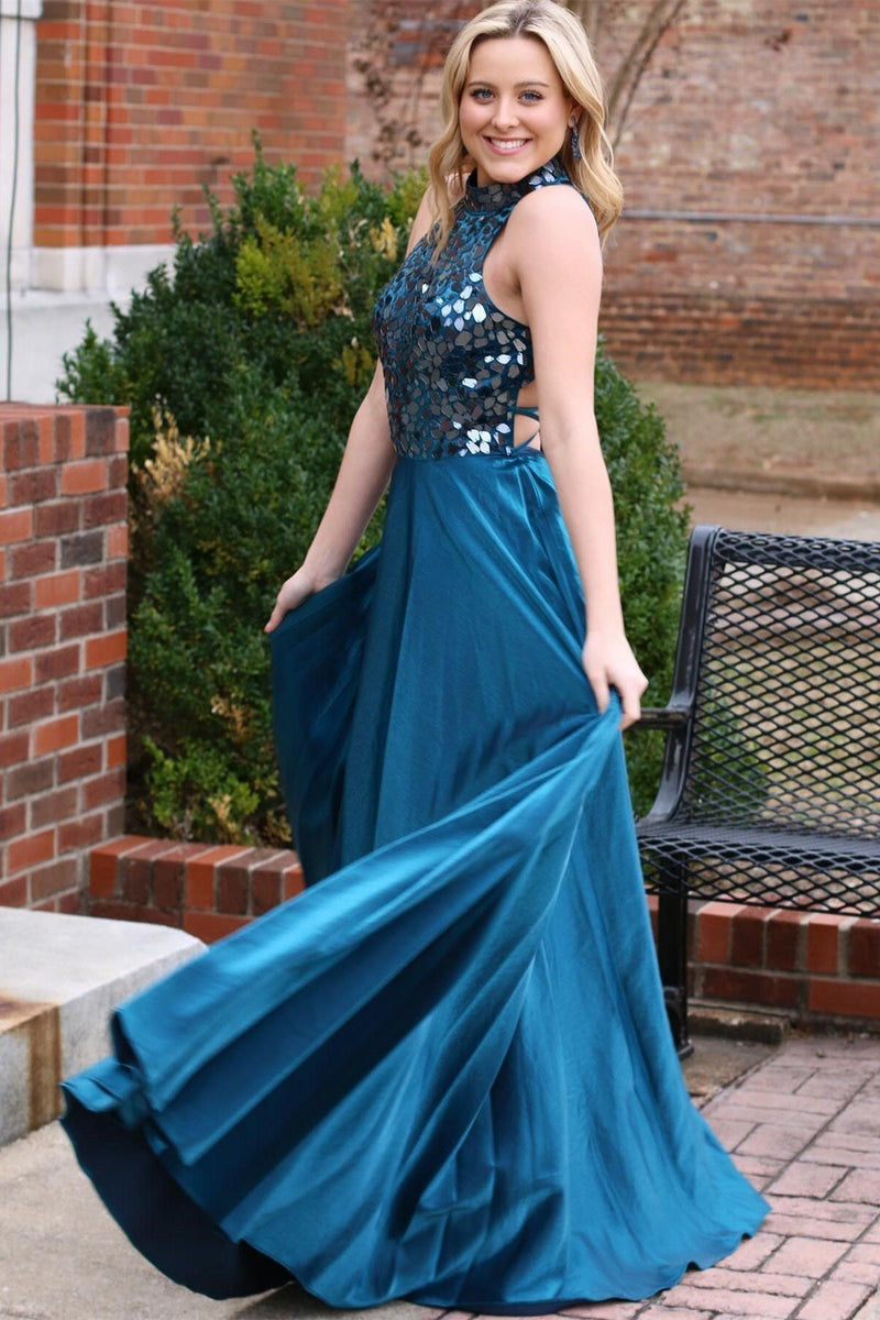 Dalley | Teal Cut Glass Mirror Halter Long Formal Dress