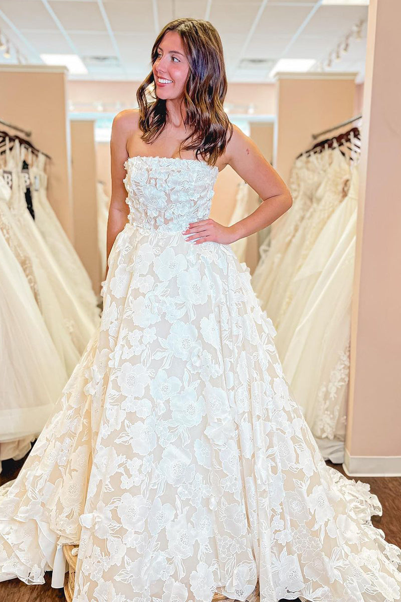 A-Line Strapless Floral Lace Wedding Dresses VK24011701 Vickidress A-Line Strapless Floral Lace Wedding Dresses VK24011701 Vickidress