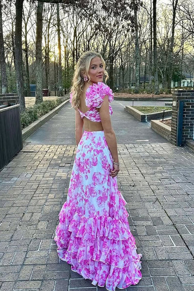 A-Line V Neck Pink Floral Printed Long Prom Dresses with Ruffle Slit VK25031807