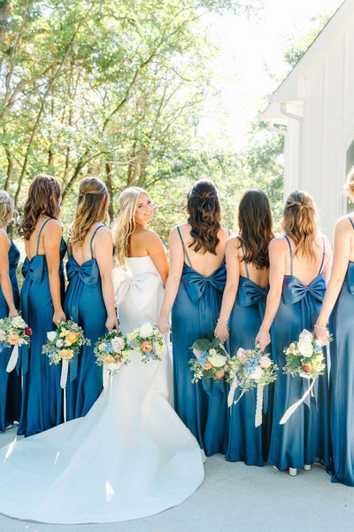 Simple Mermaid Spaghetti Straps Blue Long Bridesmaid Dresses with Bow Back VK24040703