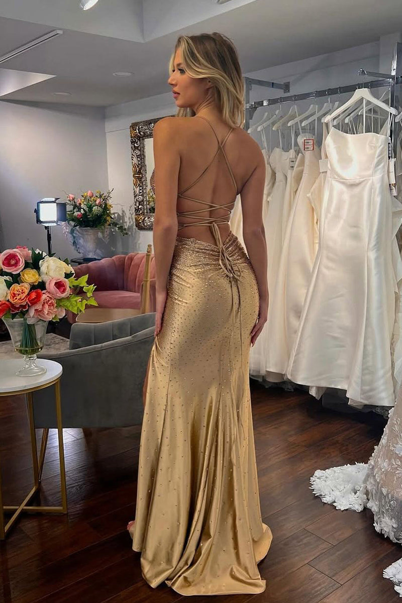 v neck gold prom dress Elegant V-Neck Long Sleeve Prom Dress with High Split, Sparkle Gold Sequin  Gown main image 0