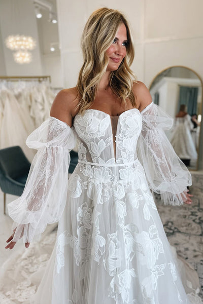 Elegant A Line Long Sleeves White Tulle Wedding Dress with Appliques VK071101