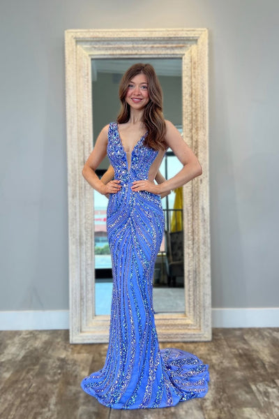 Mermaid Deep V Neck Blue Sequins Long Prom Dresses VK25032302