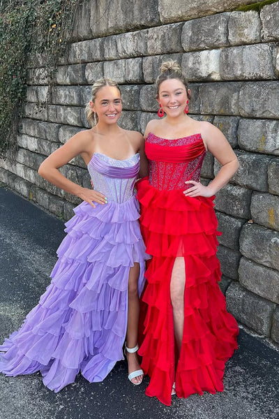 Ball Gown Strapless Royal Blue Ruffle Tiered Long Prom Dresses with Beadings VK25040101