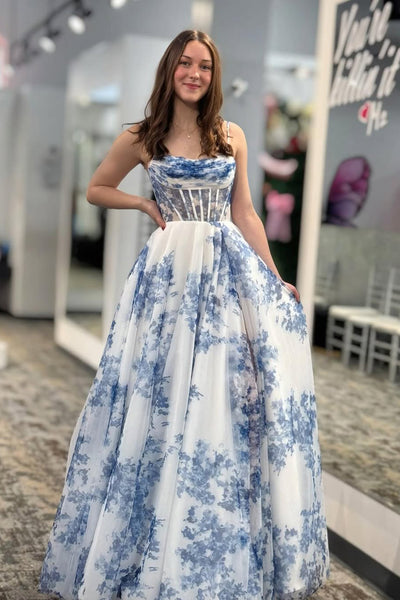 A-Line Scoop Neck Blue Floral Printed Long Prom Dresses VK25031806