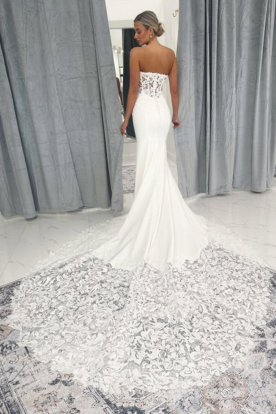 Mermaid Strapless White Satin Wedding Dresses with Lace Appliques VK022404